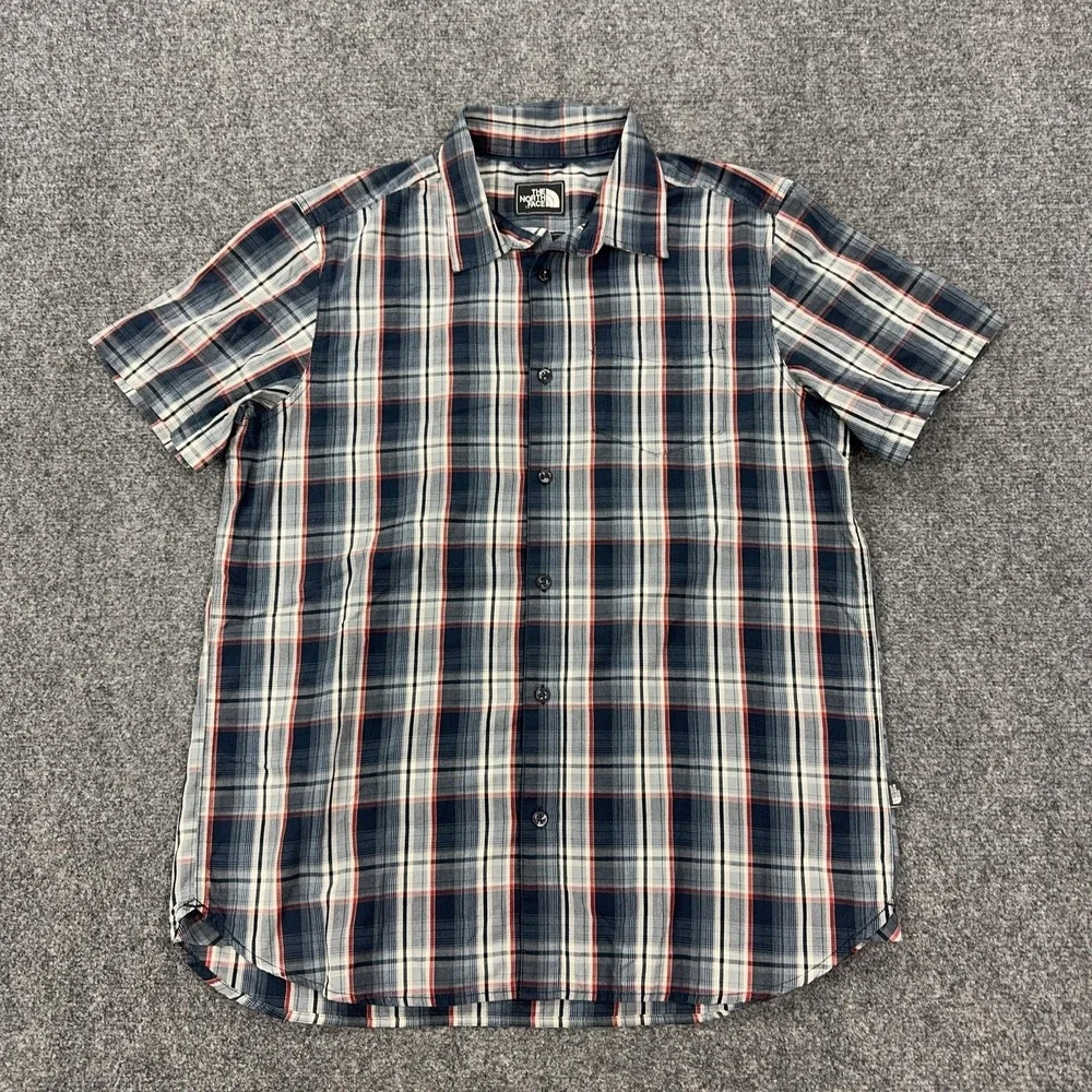 The North Face Shirt Mens L‎ Blue Plaid Cotton Polyester Short Sleeve Button Up